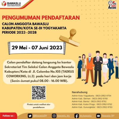 Pengumuman Pendaftaran Calon Anggota Bawaslu Kabupaten/Kota Se-D.I.Yogyakarta Masa Jabatan Periode 2023 - 2028